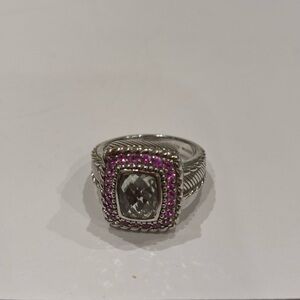 Judith Ripka sterling silver green amethyst pink sapphire ring. Size 8